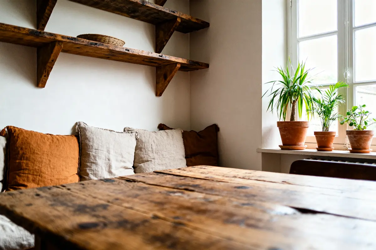 Coin salon cosy avec plantes en pots et coussins sur Beau Beau Blog