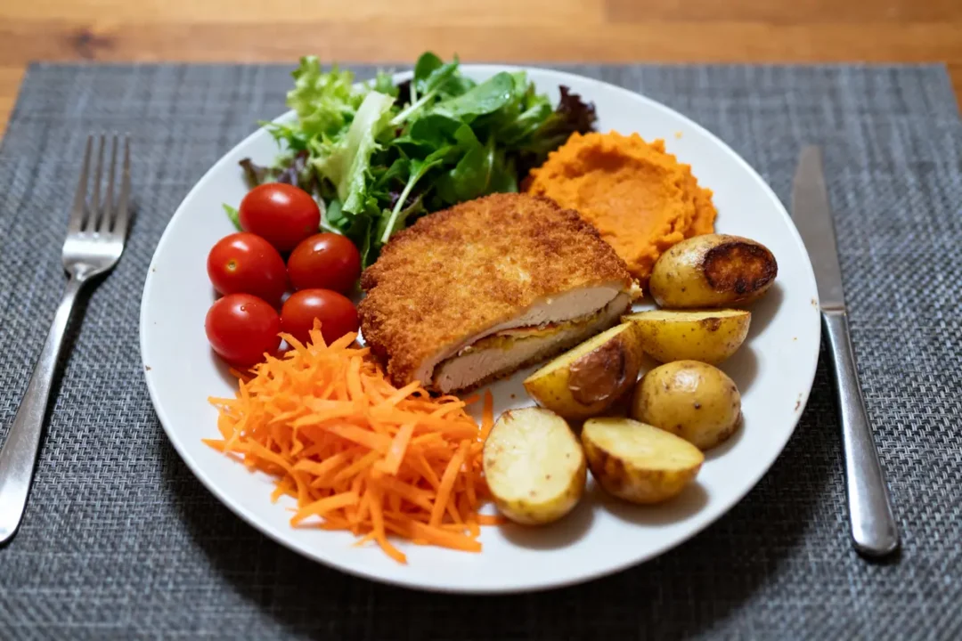 Assiette avec accompagnement du cordon bleu : pommes de terre, salade, tomates, carottes râpées, purée