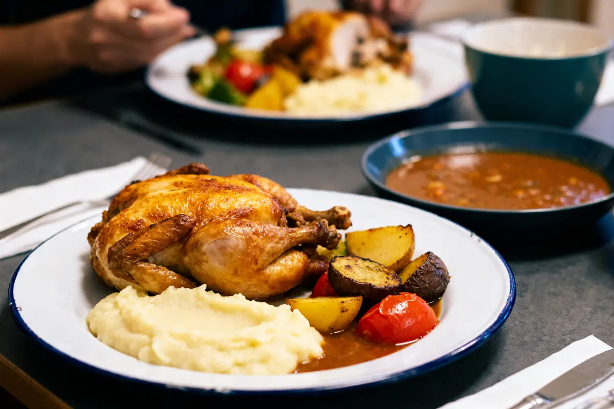 Poulet rôti avec purée et légumes, idéal accompagnement du poulet rôti traditionnel sans faute
