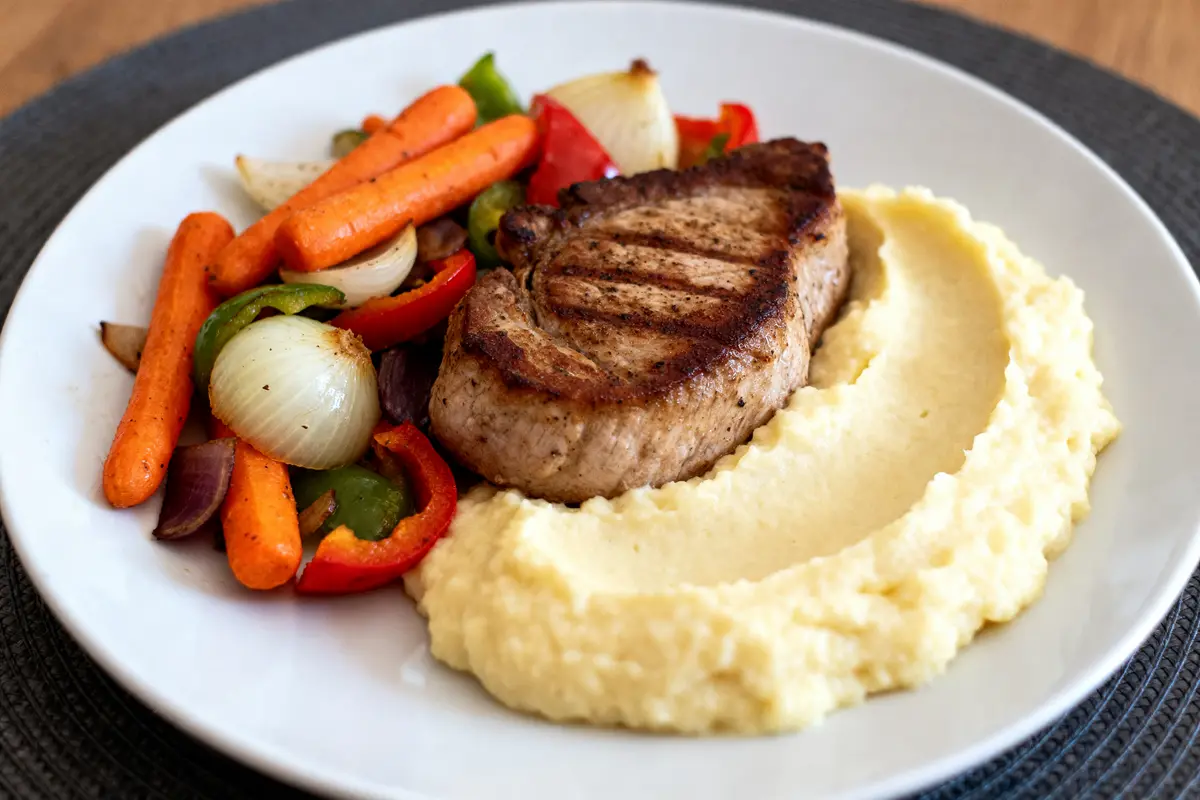 Purée et légumes colorés comme accompagnement pour un filet mignon grillé servi sur assiette