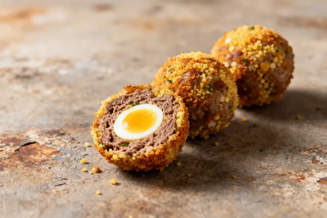 Trois boulettes pour couscous garnies d'œuf dur sur une surface en pierre.
