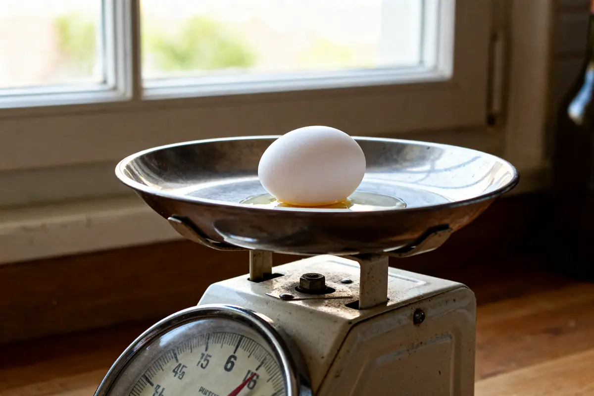 Un œuf ouvert sur une balance, illustrant combien pèse un blanc d'œuf.