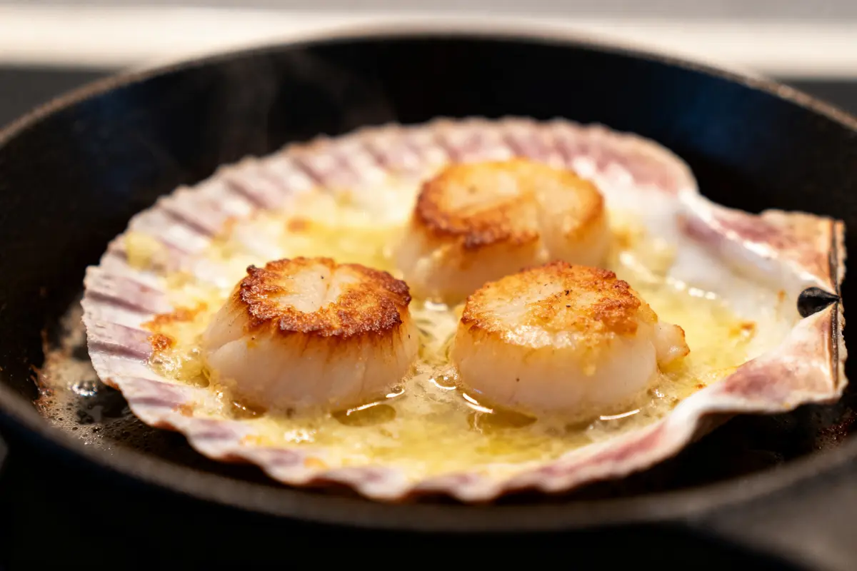 Trois coquilles Saint-Jacques à la bretonne poêlées dans leur coquille sur feu doux