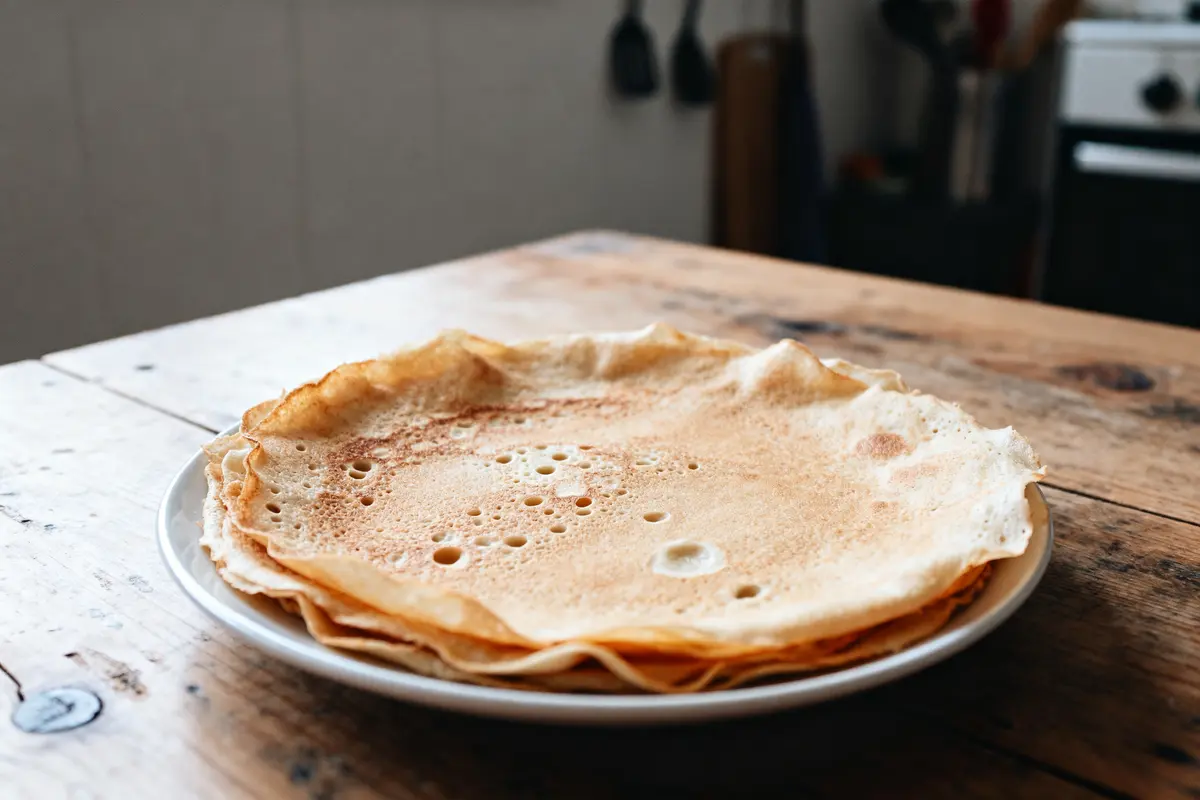 Assiette de crêpes dorées sur table en bois crêpes nutrition info pancakes français