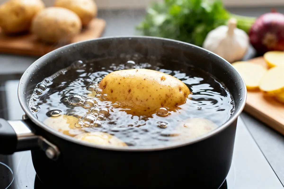 Pomme de terre en cuisson dans une casserole pour apprendre à cuire la pomme de terre