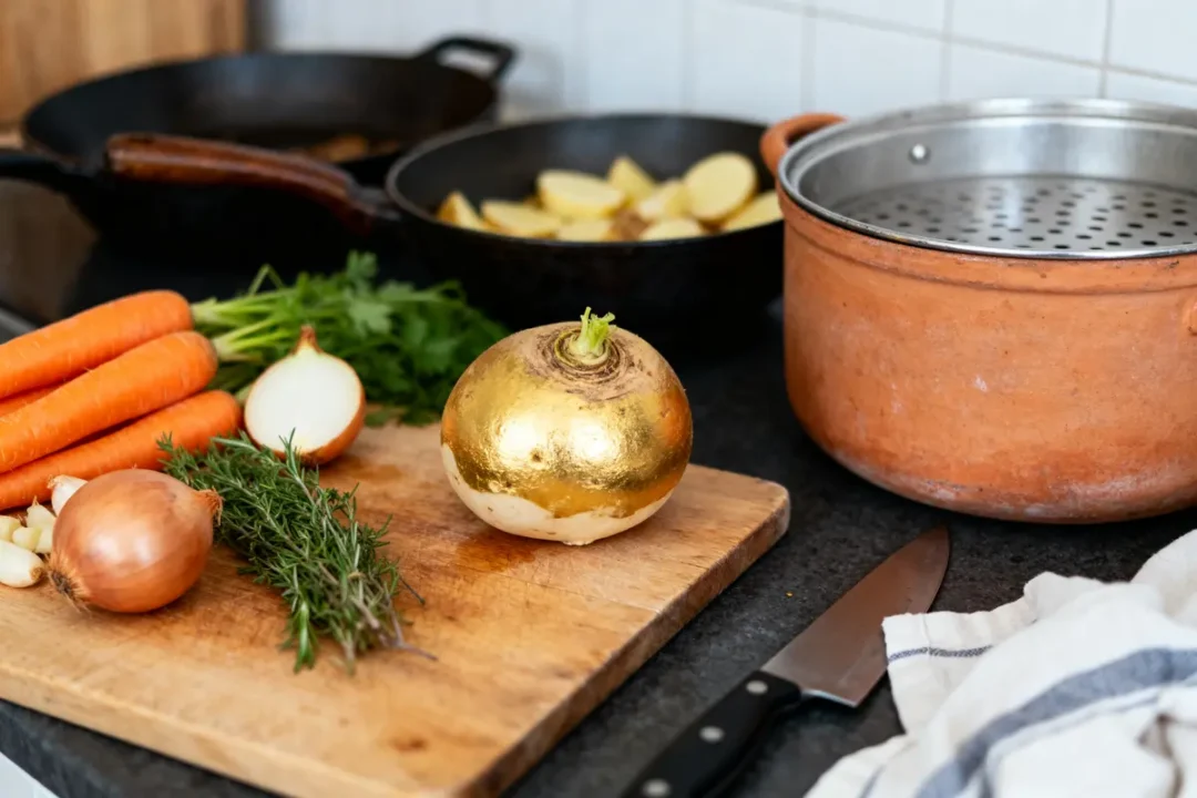 Planche avec légumes et herbes pour cuisiner le navet dans une cuisine rustique