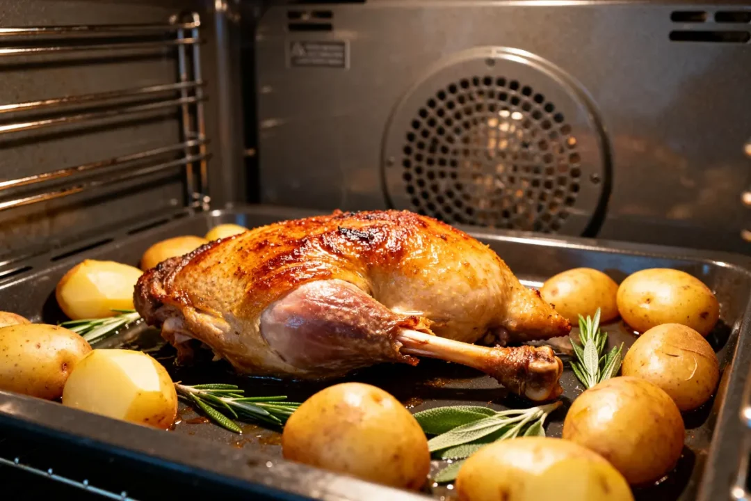 Cuisse de pintade au four entourée de pommes de terre et romarin dans un plat.