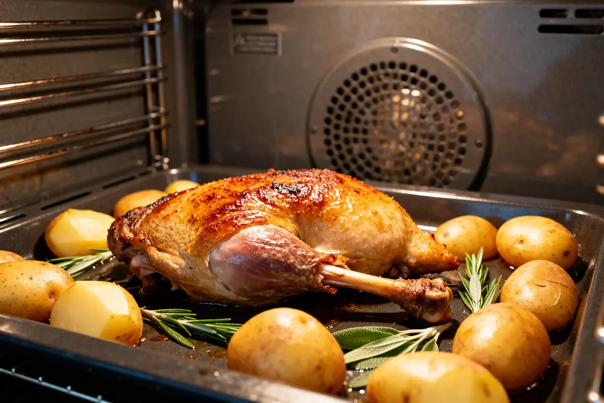 Cuisse de pintade au four entourée de pommes de terre et romarin dans un plat.