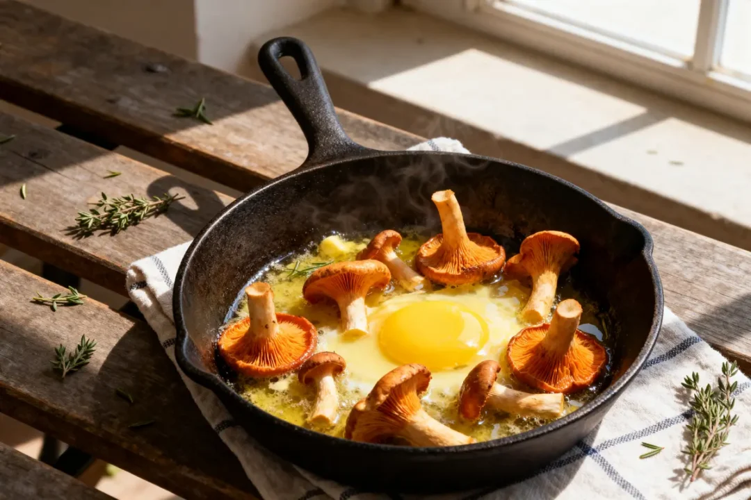 Poêle en fonte avec œuf et cuisson de la chanterelle au beurre et herbes aromatiques
