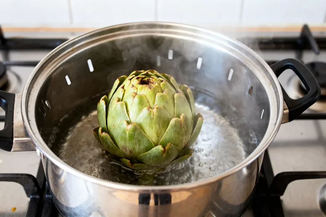 Artichaut en cocotte-minute sur cuisinière pour cuisson de l'artichaut en cocotte-minute efficace