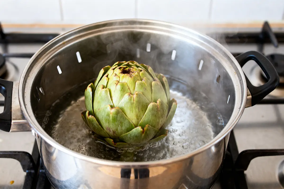 Artichaut en cocotte-minute sur cuisinière pour cuisson de l'artichaut en cocotte-minute efficace
