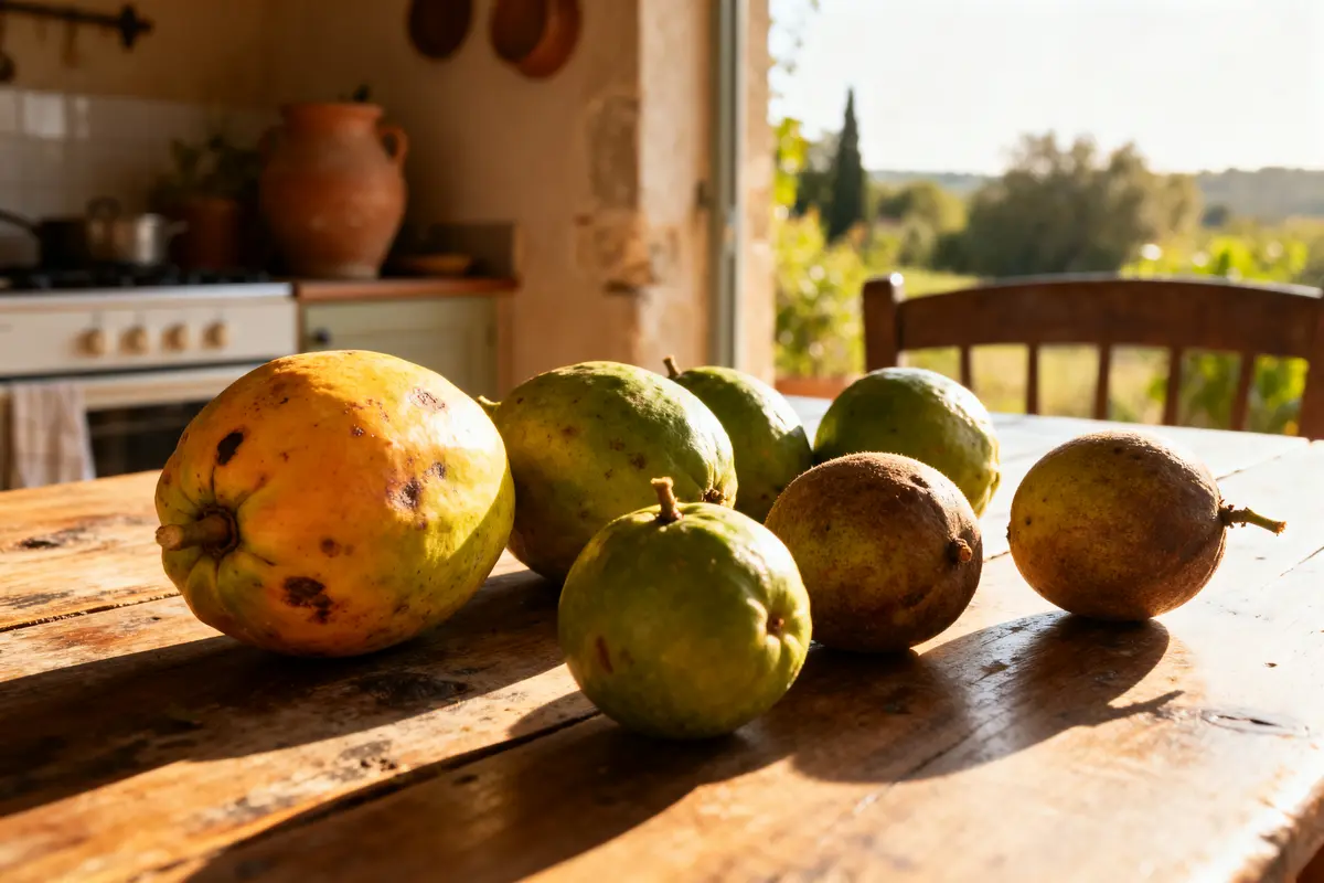 Fruits exotiques incluant plusieurs goyaves sur une table en bois lumineuse, fruits qui commencent par I