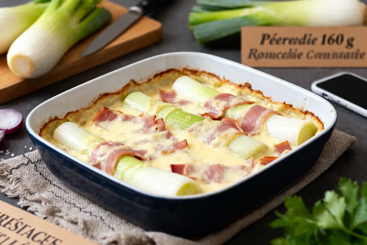 Plat de gratin de poireaux avec jambon et fromage fondu dans un plat rectangulaire