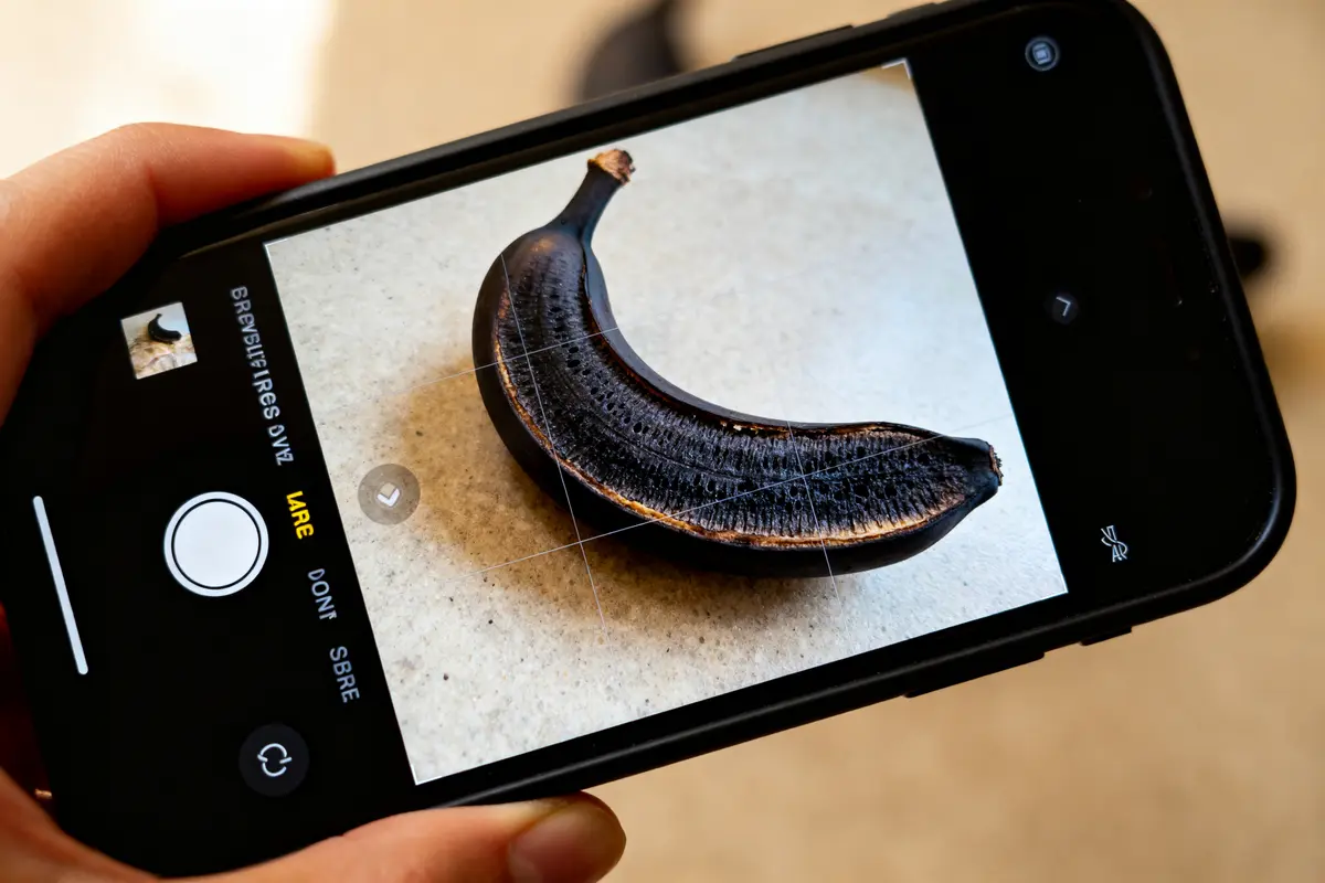 Smartphone photographie une noir banane posée sur une surface claire
