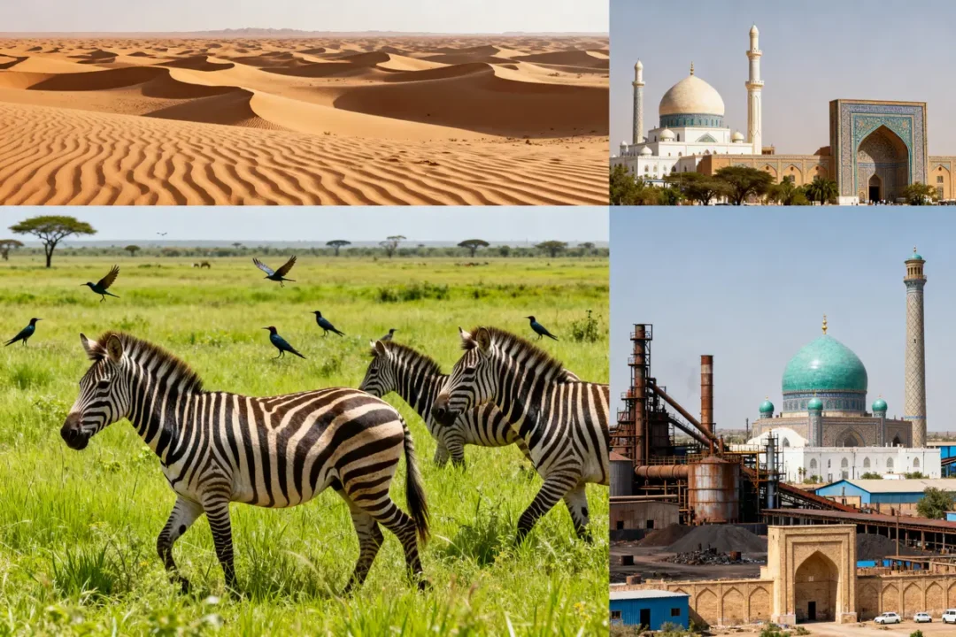 Désert, zèbres, mosquée et architecture industrielle dans des pays commençant par la lettre O