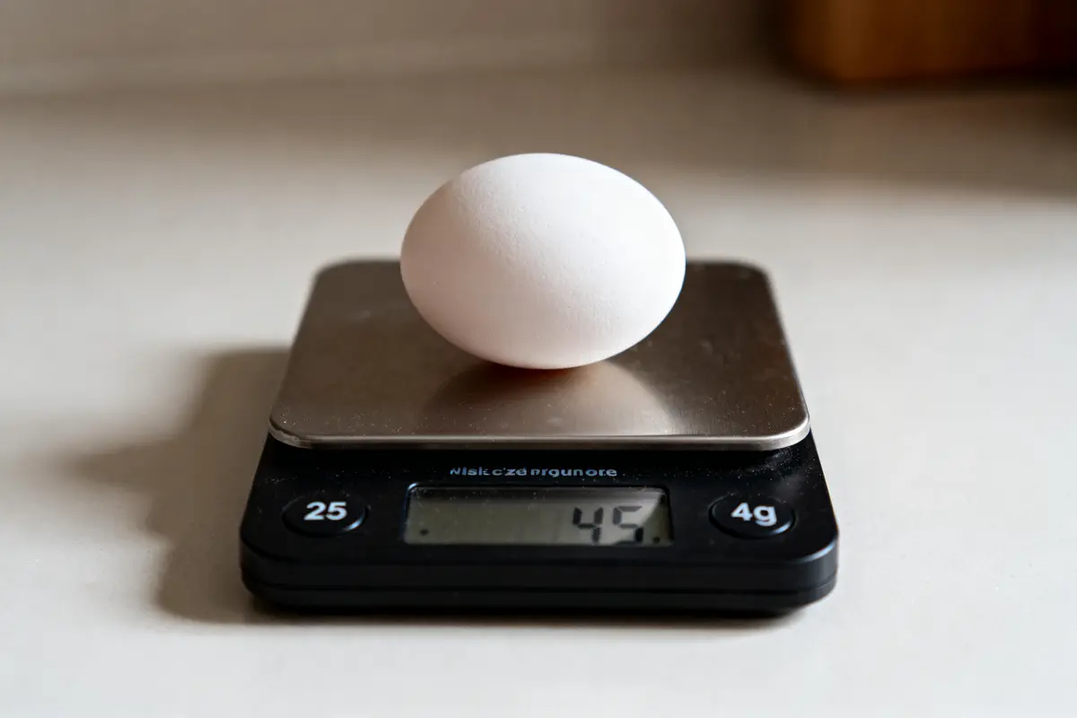 Oeuf entier pesé sur balance numérique évaluant le poids d’un blanc d’œuf potentiel