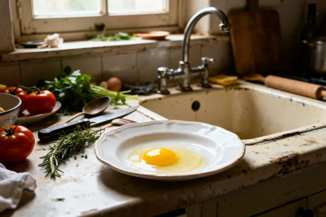 Assiette avec jaune d'œuf cru sur comptoir de cuisine, évoquant le poids d’un jaune d’œuf