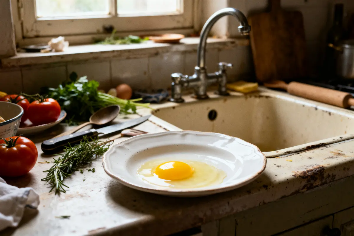 Assiette avec jaune d'œuf cru sur comptoir de cuisine, évoquant le poids d’un jaune d’œuf