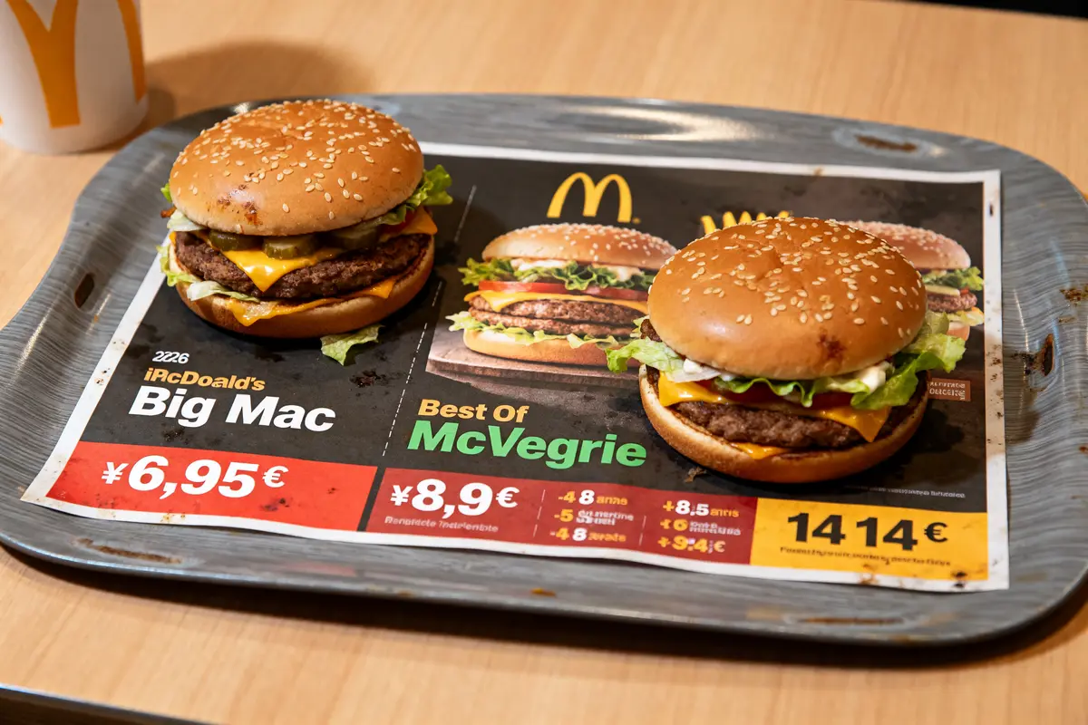 Deux burgers avec indicateurs de prix au McDo sur plateau de restaurant