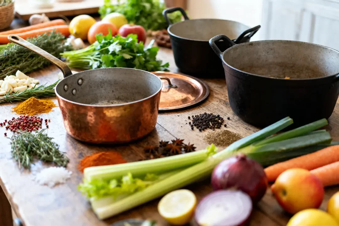 Ingrédients frais et casseroles pour une recette de Pokémon Sleep en cuisine rustique