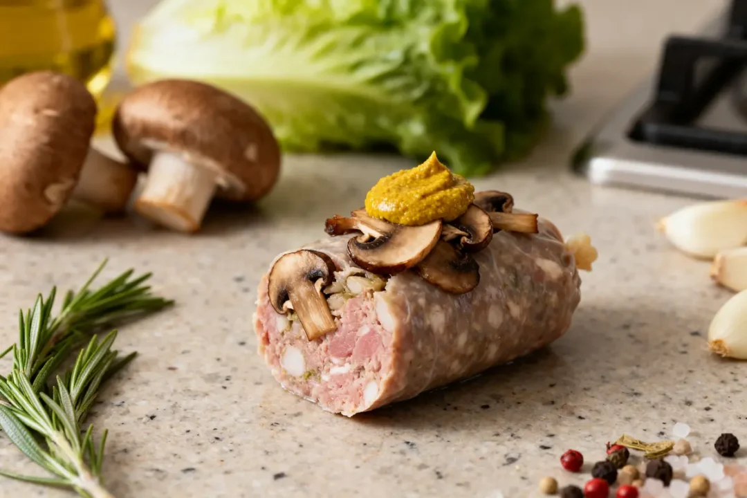 Rouler de viande avec moutarde et champignons pour recette de crépinette savoureuse et épicée