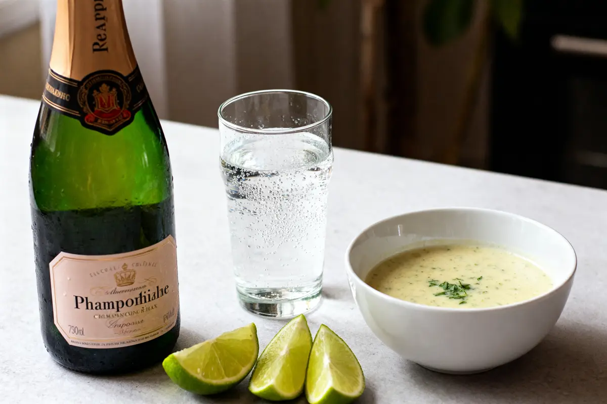 Bouteille, verre et bol illustrant une recette de soupe champenoise avec citrons verts.