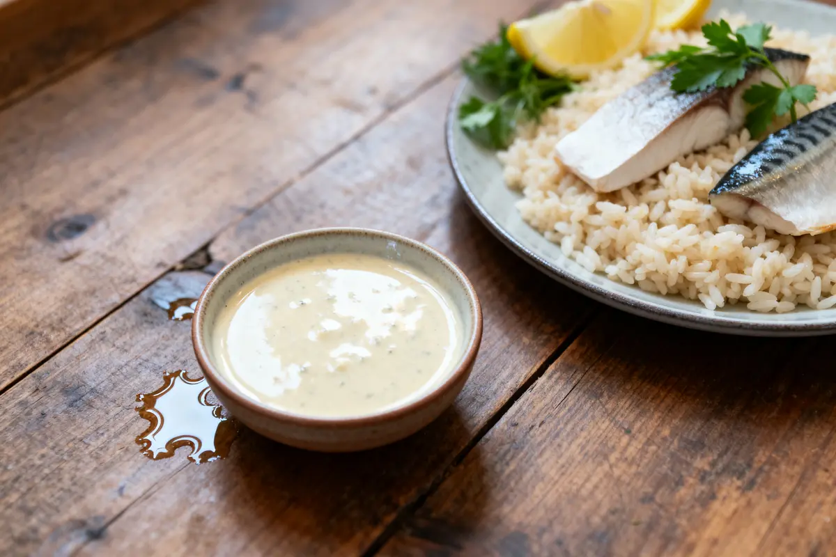 Assiette de riz au poisson avec sauce pour riz et poisson sur une table en bois