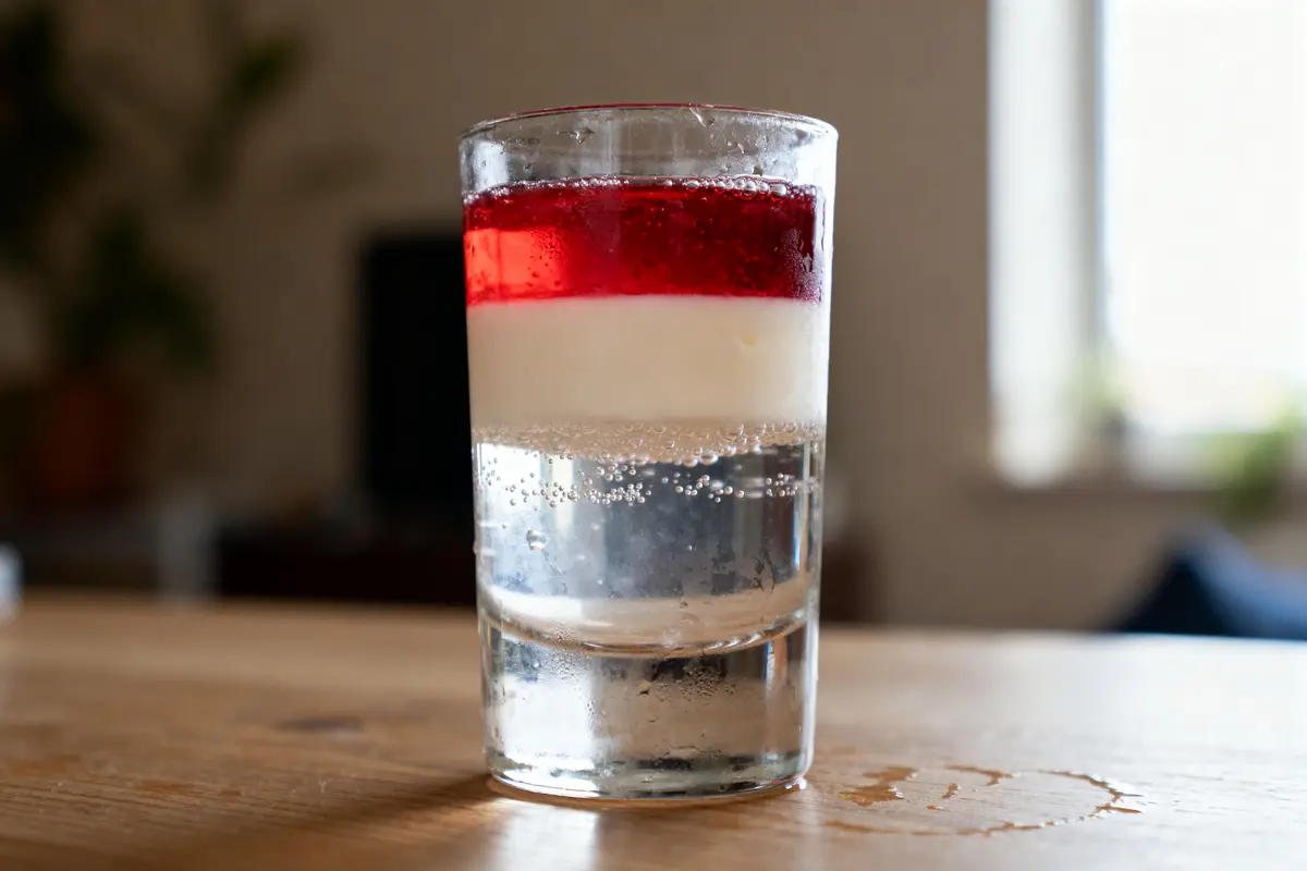Cocktail en trois couches avec une base transparente, représentant un slippery nipple coloré.