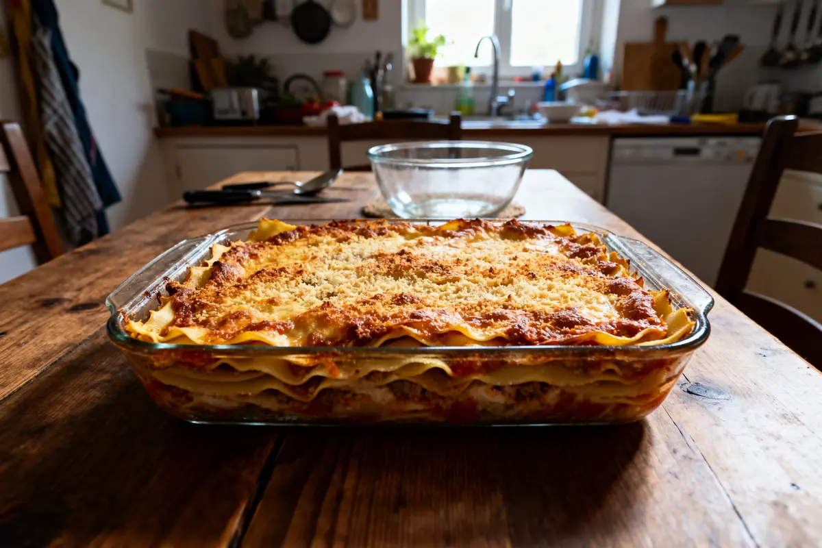 Lasagne maison dans un plat en verre sur table en bois après temps de cuisson de lasagne