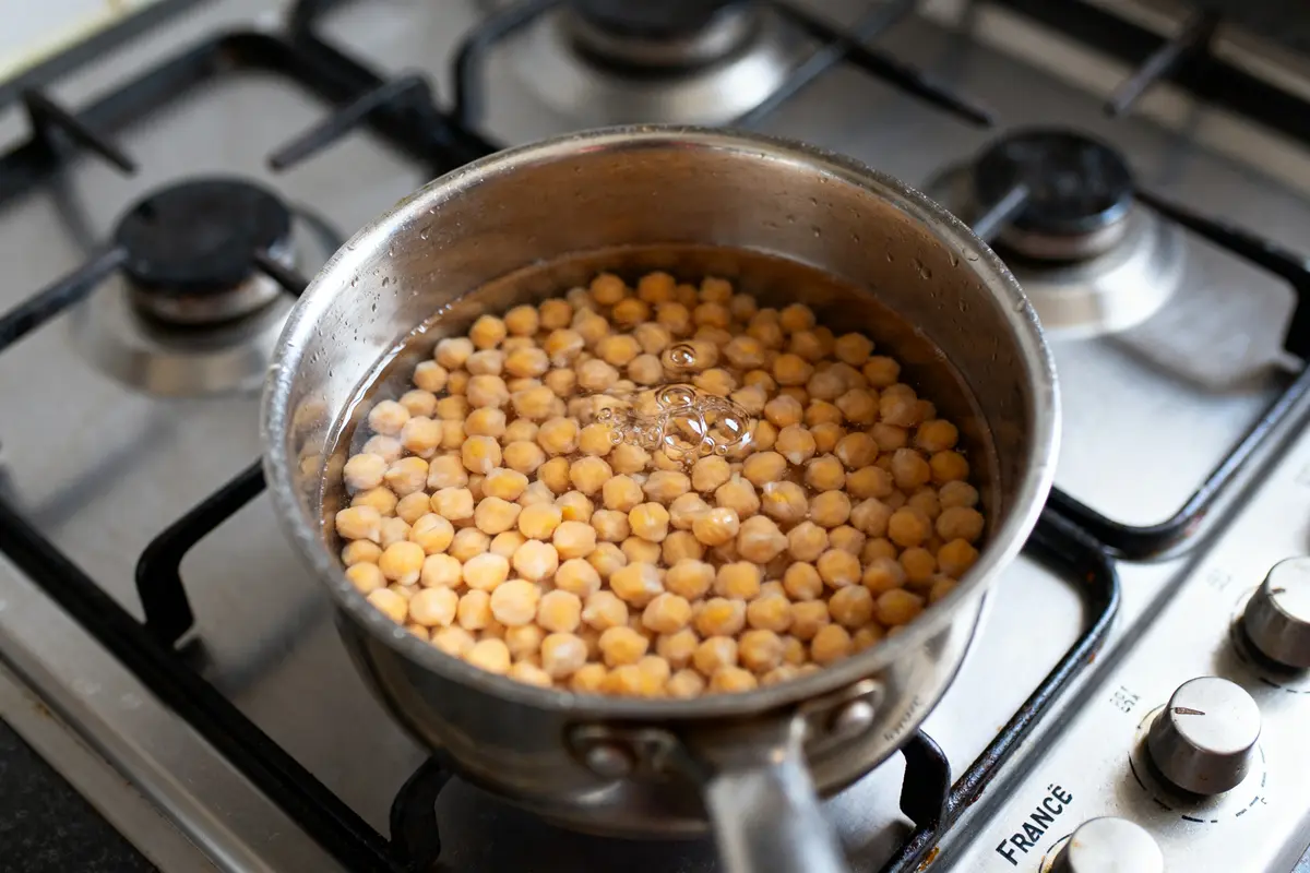 Pois chiches bouillant à la casserole sur cuisinière pour temps de cuisson des pois chiches