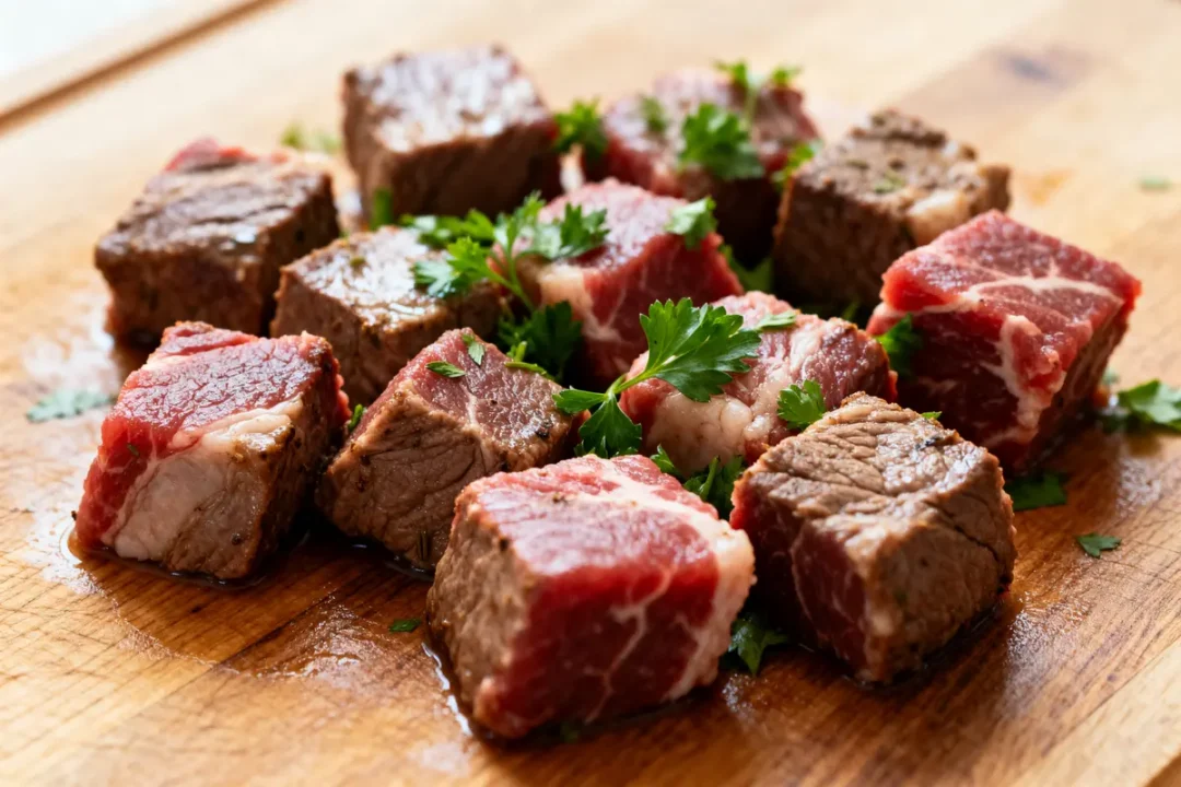 Cubes de viande pour carbonnade avec persil sur planche en bois
