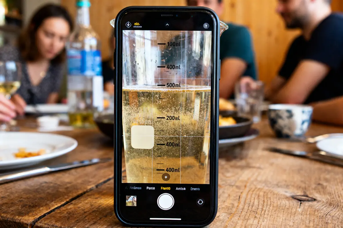 Téléphone mesurant 60 cl en ml dans un pichet sur une table à dîner