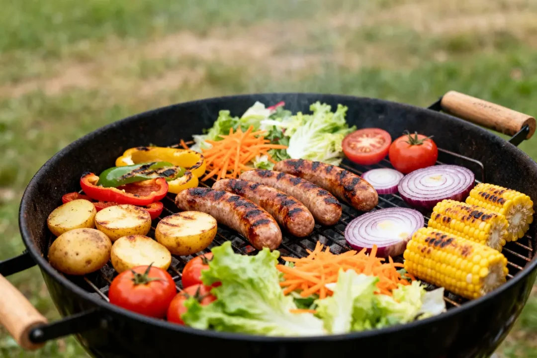 Barbecue avec saucisses grillées, légumes variés et accompagnement de saucisses au barbecue savoureux et coloré