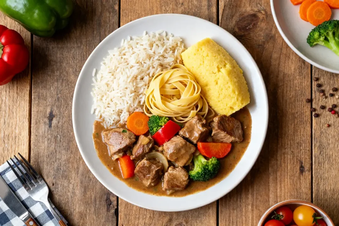 Assiette de riz, tagliatelles, polenta et légumes accompagnements pour blanquette de veau savoureux