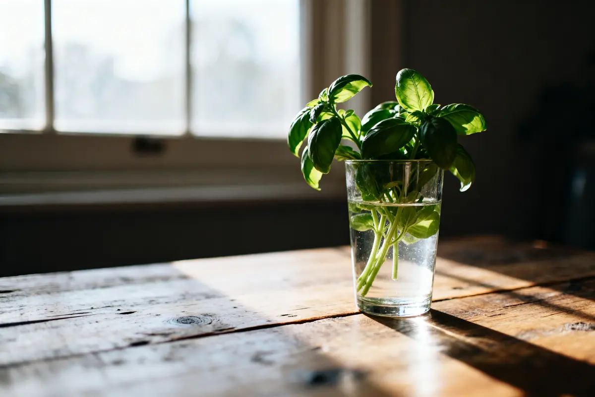 Basilic frais dans un verre d'eau pour conservation sur une table en bois