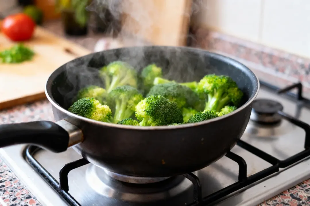 Brocolis en cuisson au-dessus de la cuisinière, montrant comment cuire les brocolis à la vapeur