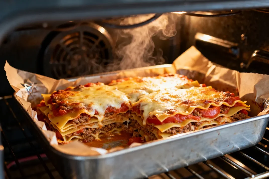 Lasagnes fumantes en cuisson au four avec sauce et fromage fondu visibles