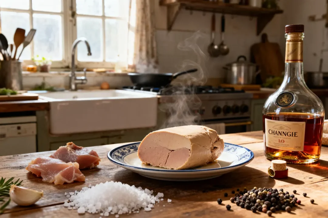 Foie gras maison sur assiette avec bouteille d'alcool et ingrédients de cuisine rustique