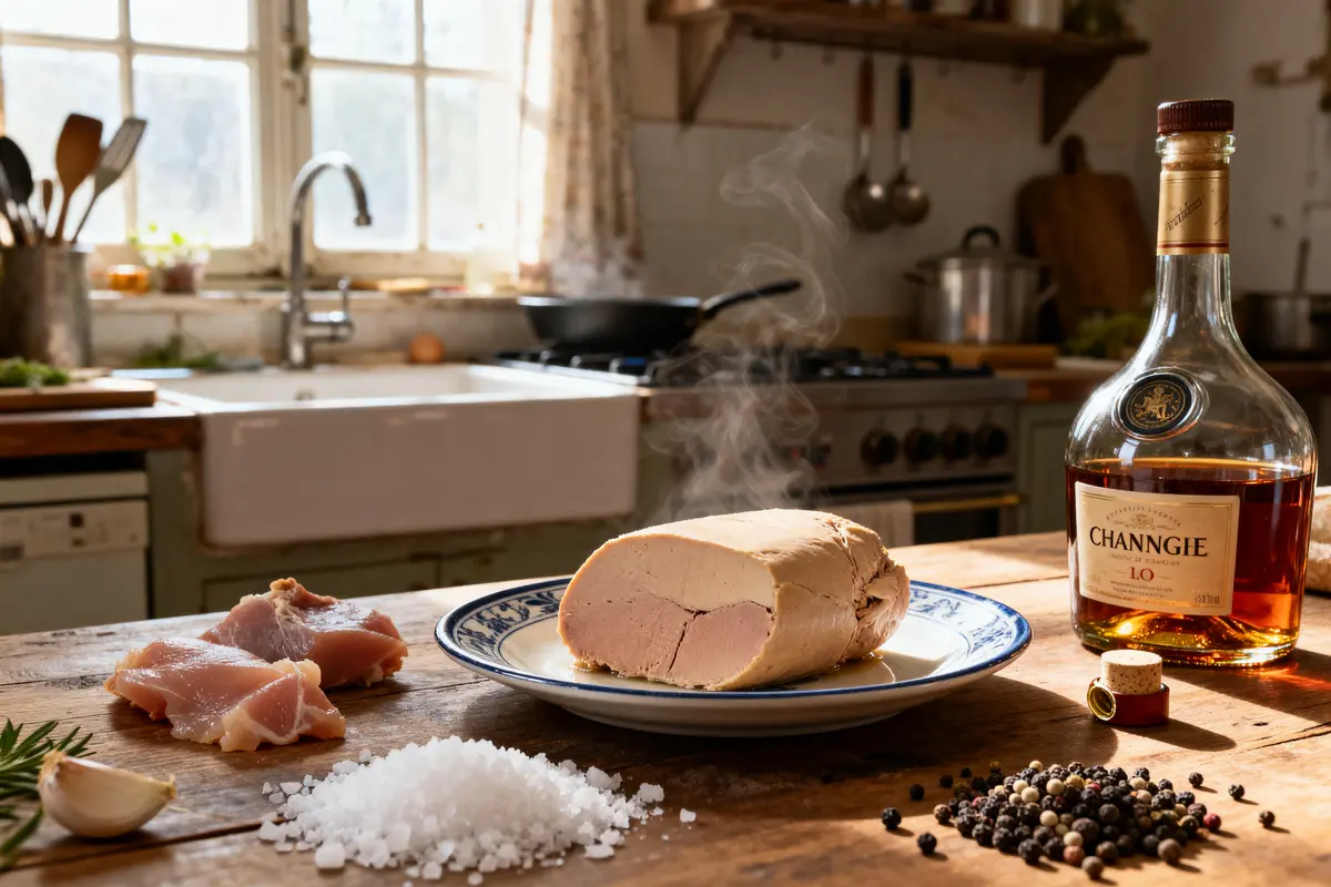 Foie gras maison sur assiette avec bouteille d'alcool et ingrédients de cuisine rustique