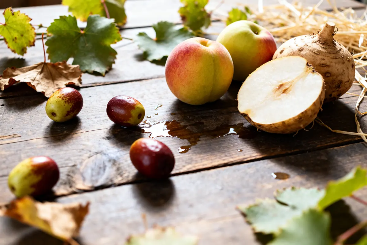 Pommes, jicama coupé et baies sur table avec feuilles rouges, fruit en J.