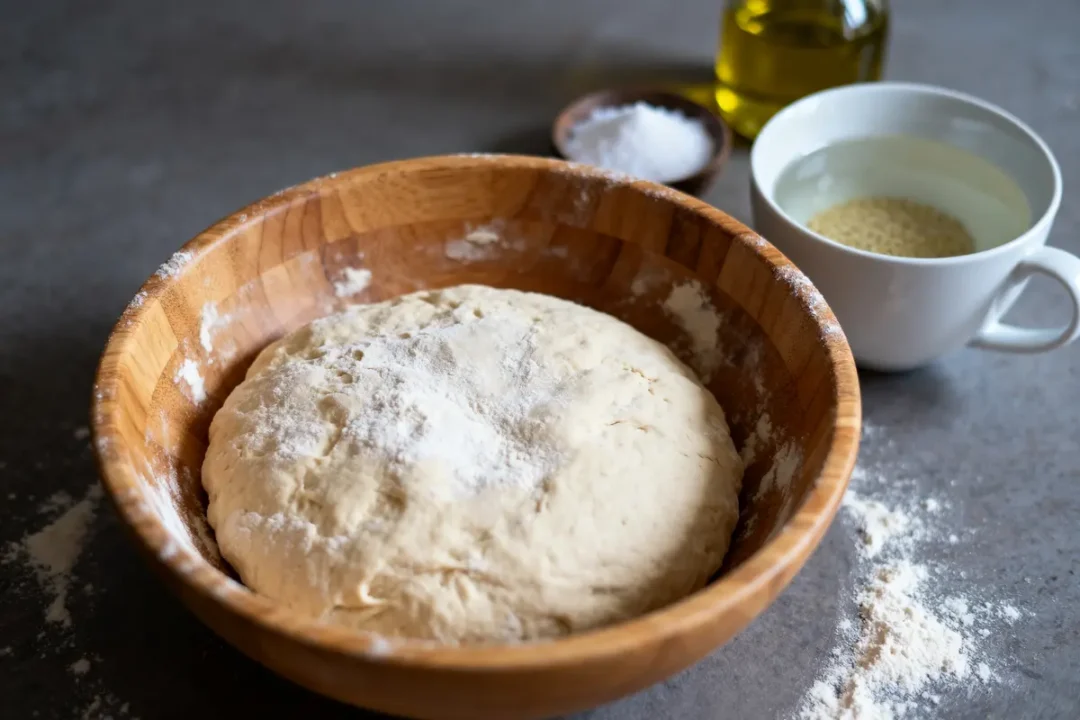 Bol avec la pâte à pizza, huile d’olive, eau et sel sur table en cuisine