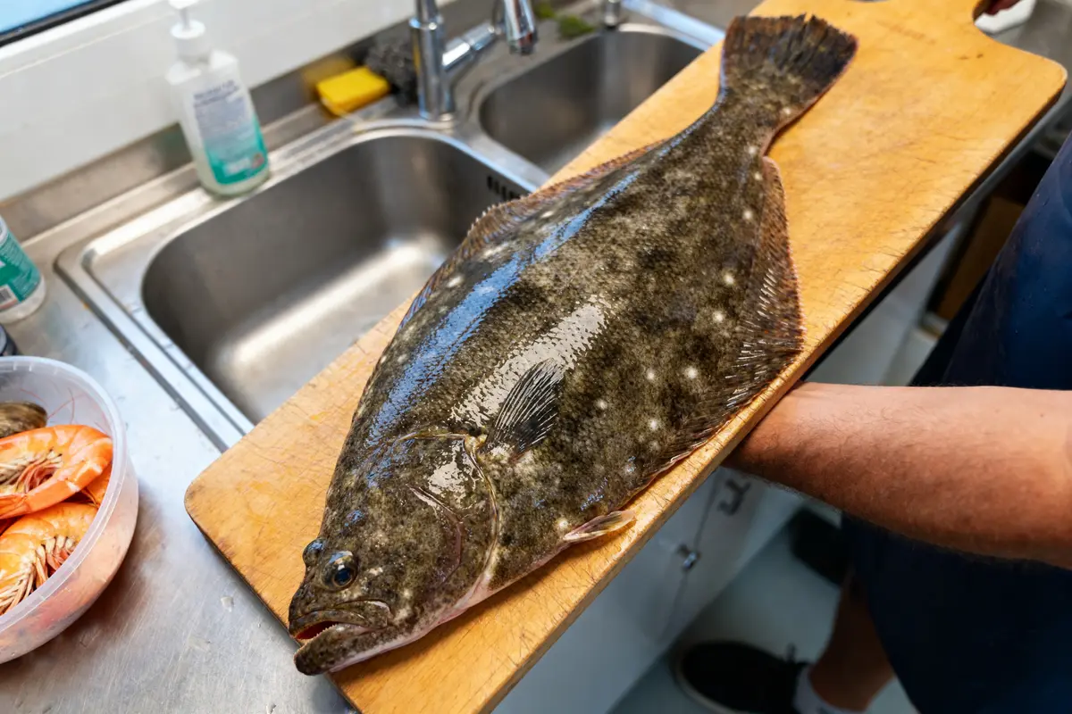Une limande fraîche sur planche à découper près de crevettes pour merlan de boeuf