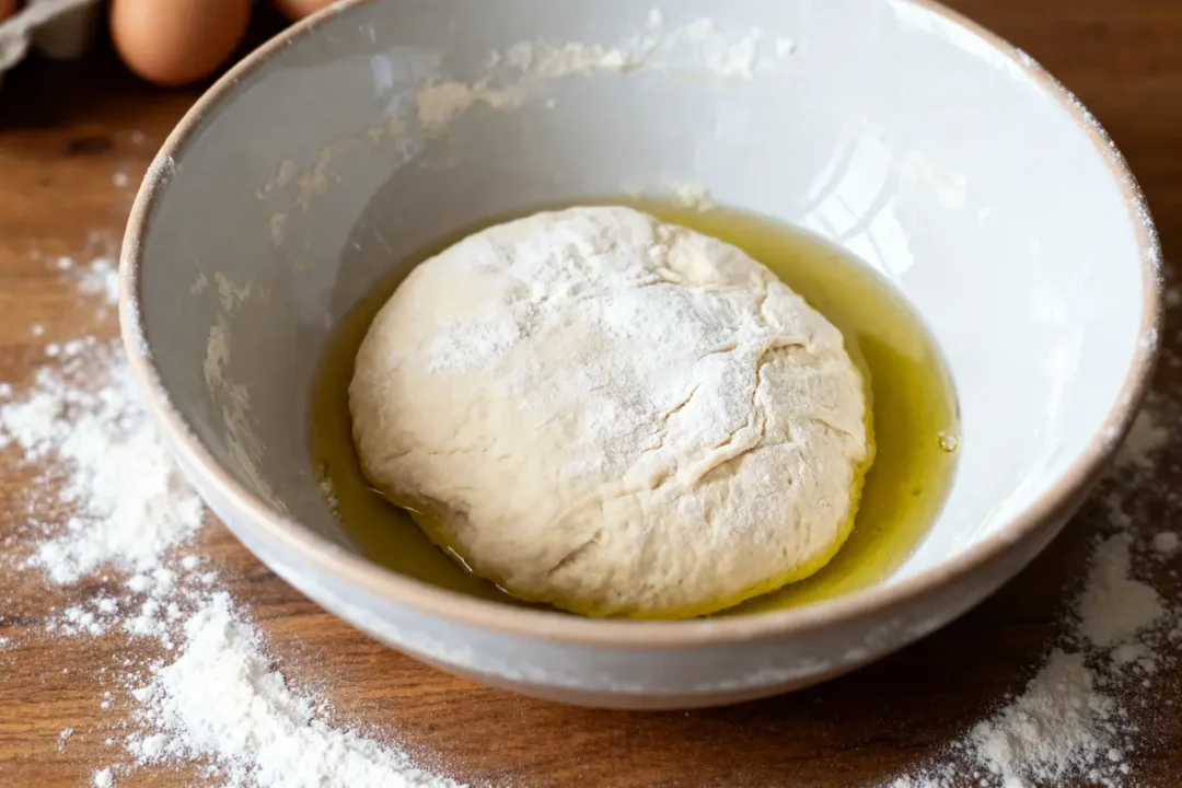 Bol de pâte à pizza sans levure avec huile sur surface en bois