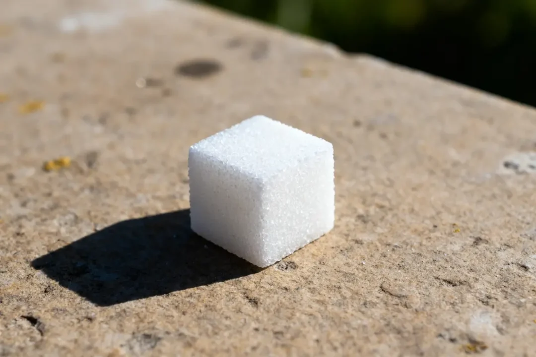 Cube de sucre posé sur une table ensoleillée illustrant le poids d'un morceau de sucre