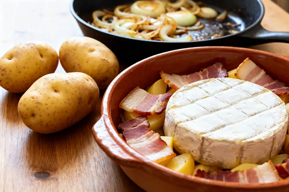 Plat de tartiflette avec reblochon, bacon, pommes de terre, recette de grand-mère de tartiflette rustique.