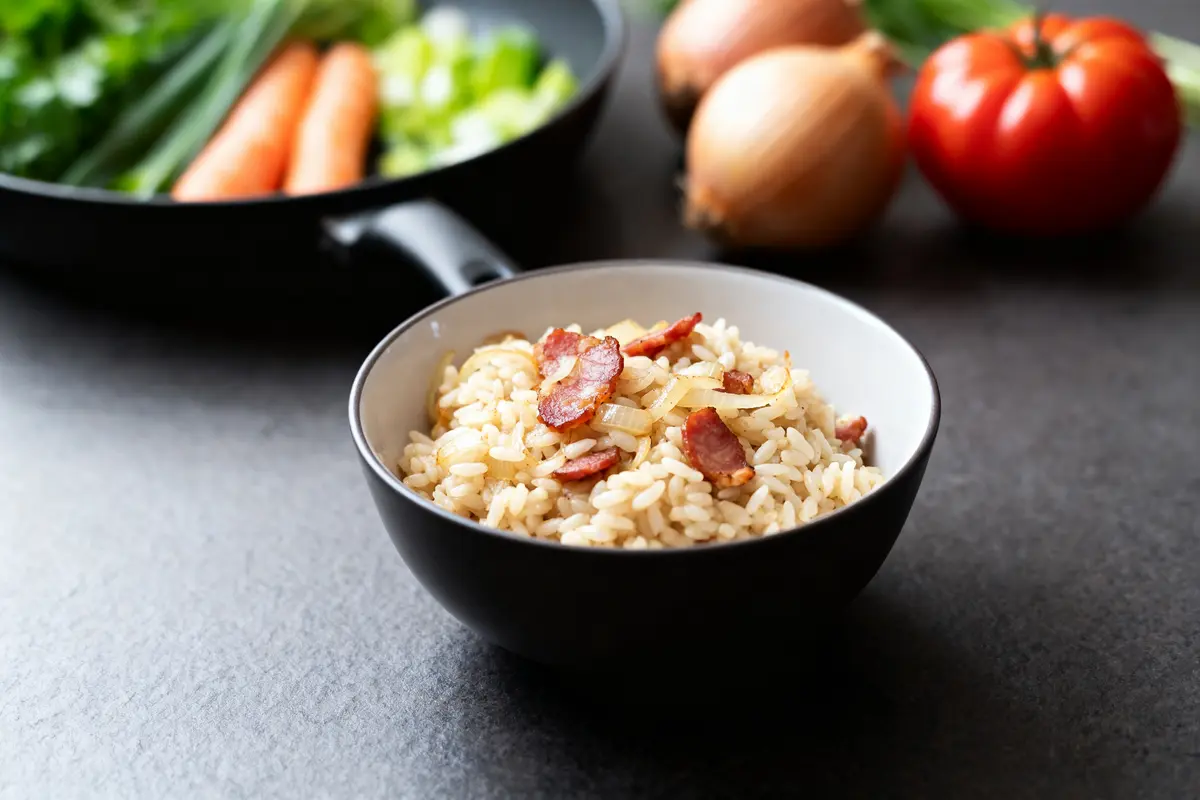 Bol de risotto avec bacon, oignons devant légumes pour recette de risotto au Cookeo
