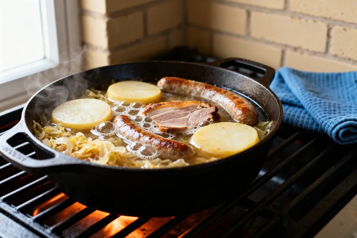 Plat chaud avec choucroute, saucisses et pommes de terre pour réchauffer la choucroute sur cuisinière
