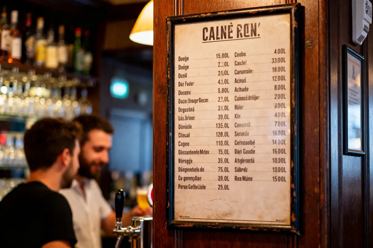 Tableau des doses d'alcool en bar cl affiché sur mur près de clients discutant