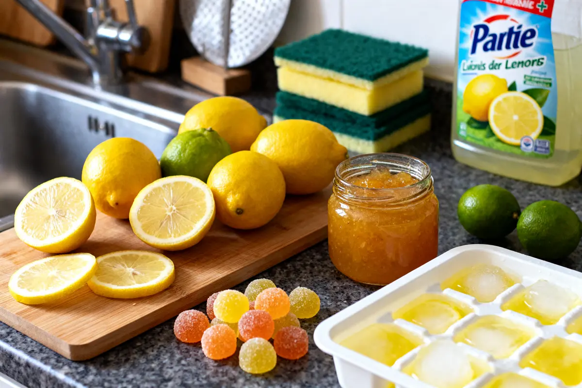 Tranches de citron, confiture et glaçons sur plan de travail, trop de citron : que faire