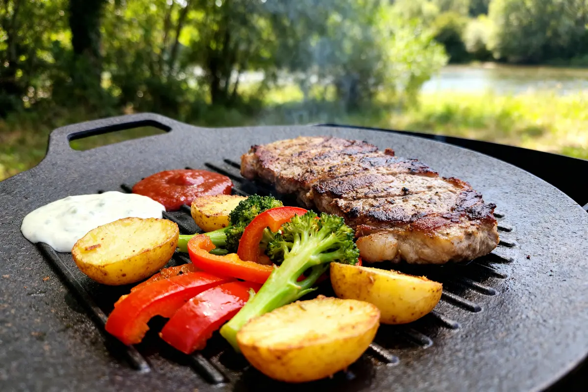 Steak grillé avec légumes et sauces pour un accompagnement de plancha en extérieur naturel
